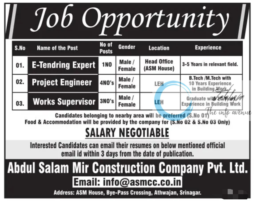 Abdul Salam Mir Construction Company Srinagar Jobs 2024