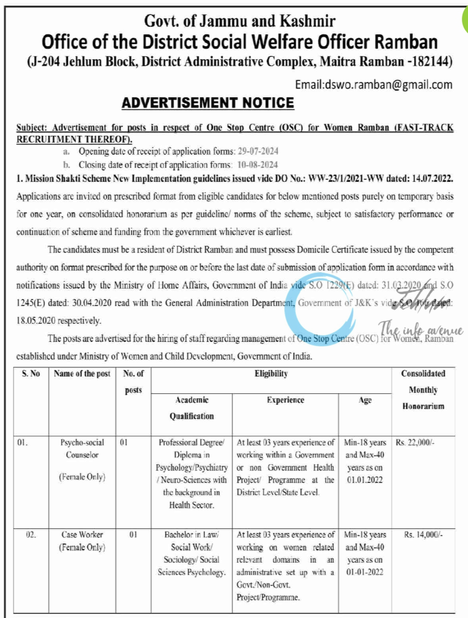 District Social Welfare Officer Ramban Jobs Advertisement Notice 2024