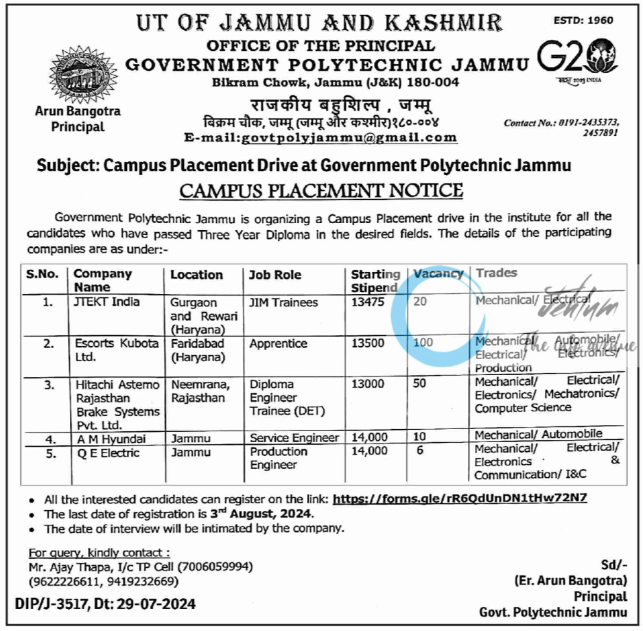 GOVT POLYTECHNIC JAMMU CAMPUS PLACEMENT NOTICE 2024