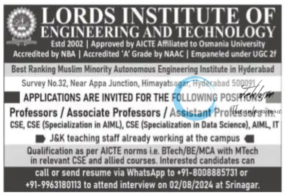 LORDS INSTITUTE OF ENGINEERING AND TECHNOLOGY HYDERABAD JOBS ADVERTISEMENT 2024