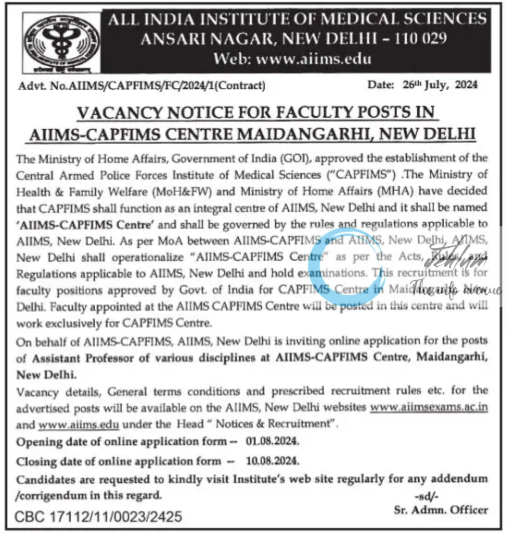 ALL INDIA INSTITUTE OF MEDICAL SCIENCES AIIMS-CAPFIMS CENTRE FACULTY VACANCY NOTICE 2024