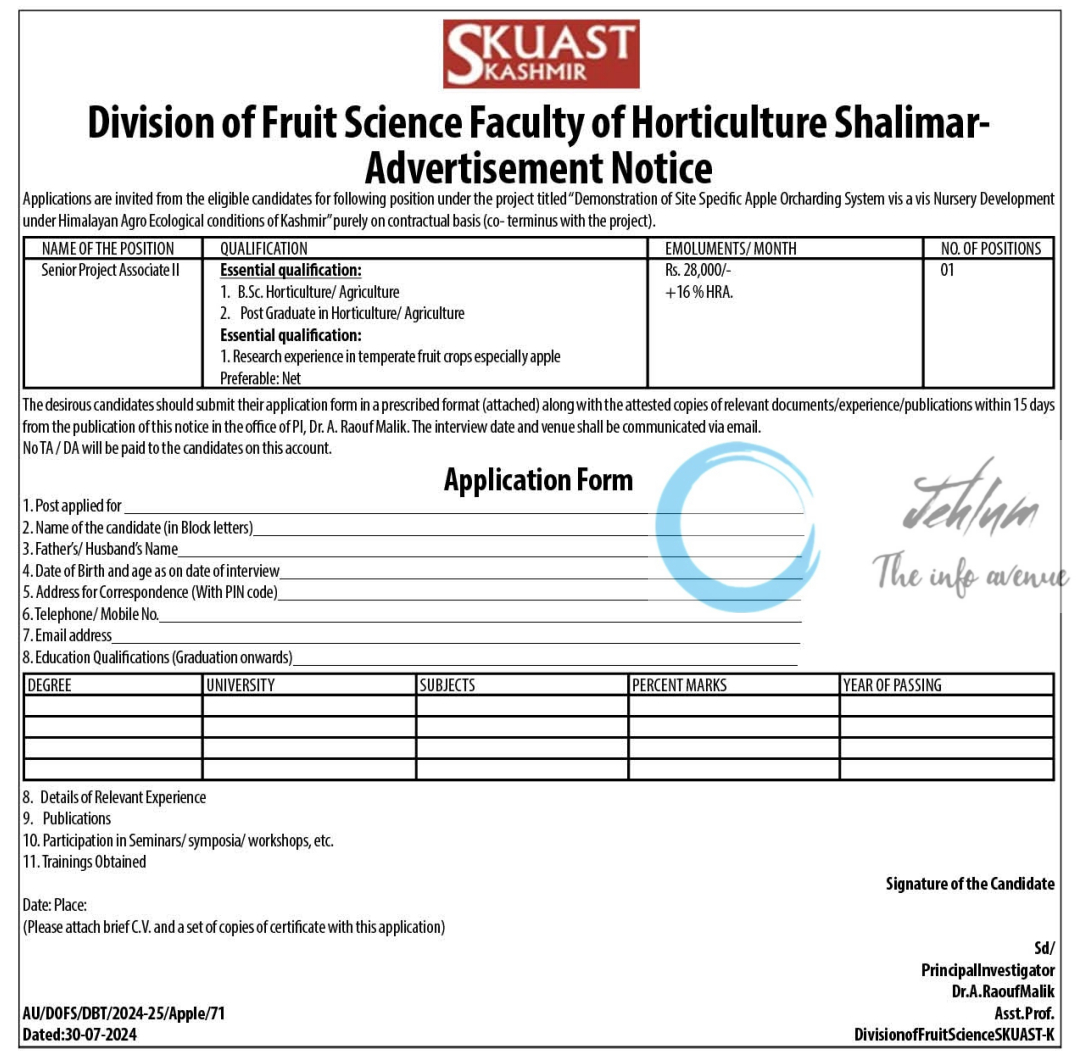 SKUAST Kashmir Division of Fruit Science Faculty of Horticulture Senior Project Associate II Advertisement Notice 2024