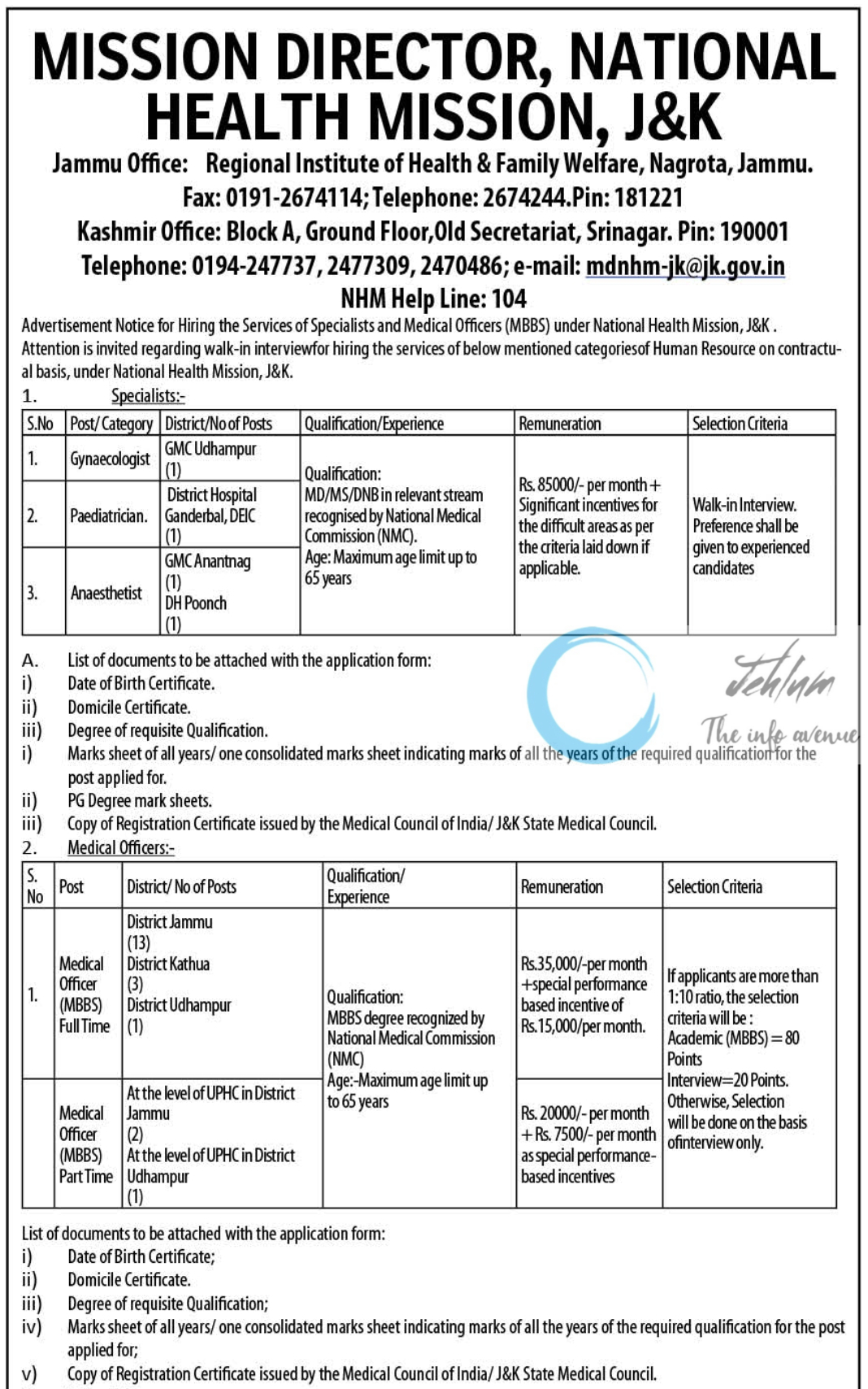 NATIONAL HEALTH MISSION NHM J&K ADVERTISEMENT NOTICE 2024