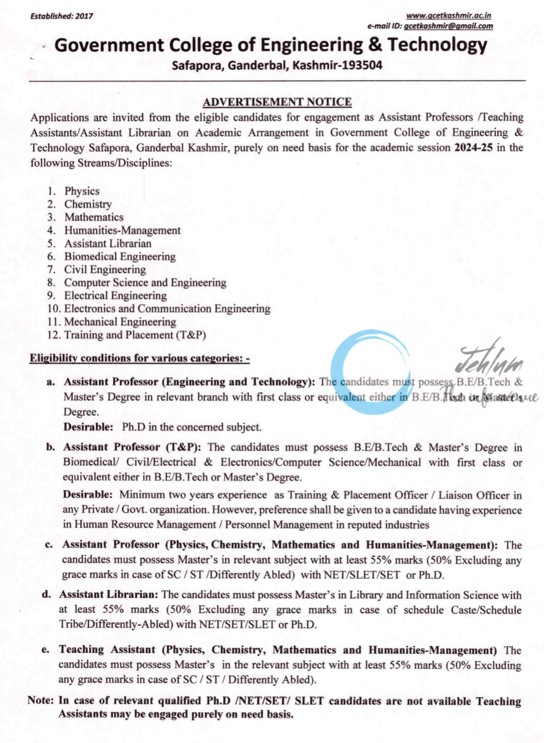 GCET Safapora Kashmir Academic Arrangement Advertisement Notice 2024