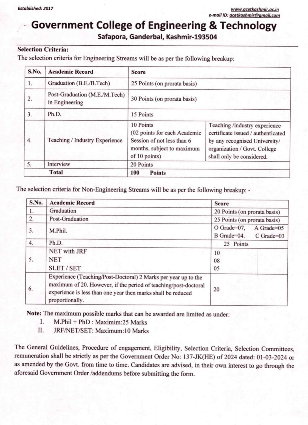 GCET Safapora Kashmir Academic Arrangement Advertisement Notice 2024