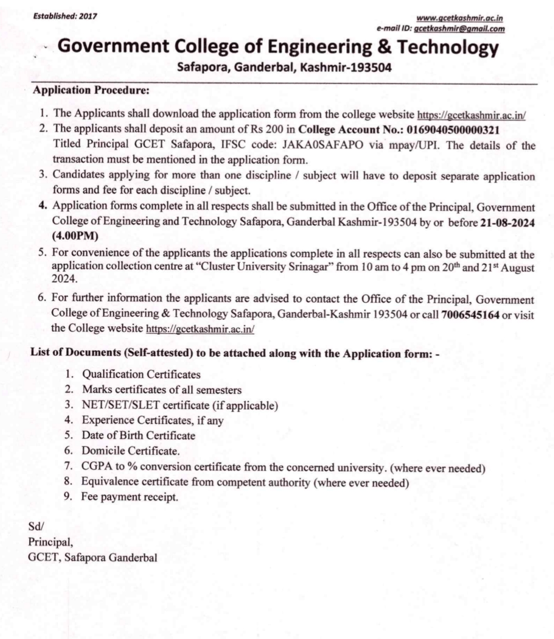 GCET Safapora Kashmir Academic Arrangement Advertisement Notice 2024