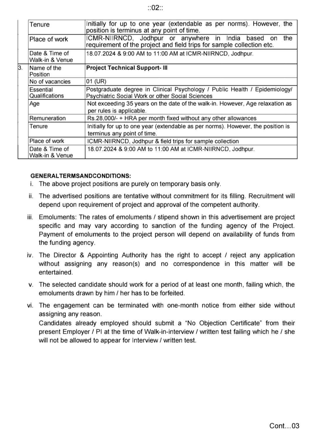 ICMR-NIIRNCD WALK-IN-INTERVIEW ADVERTISEMENT NOTICE 2024