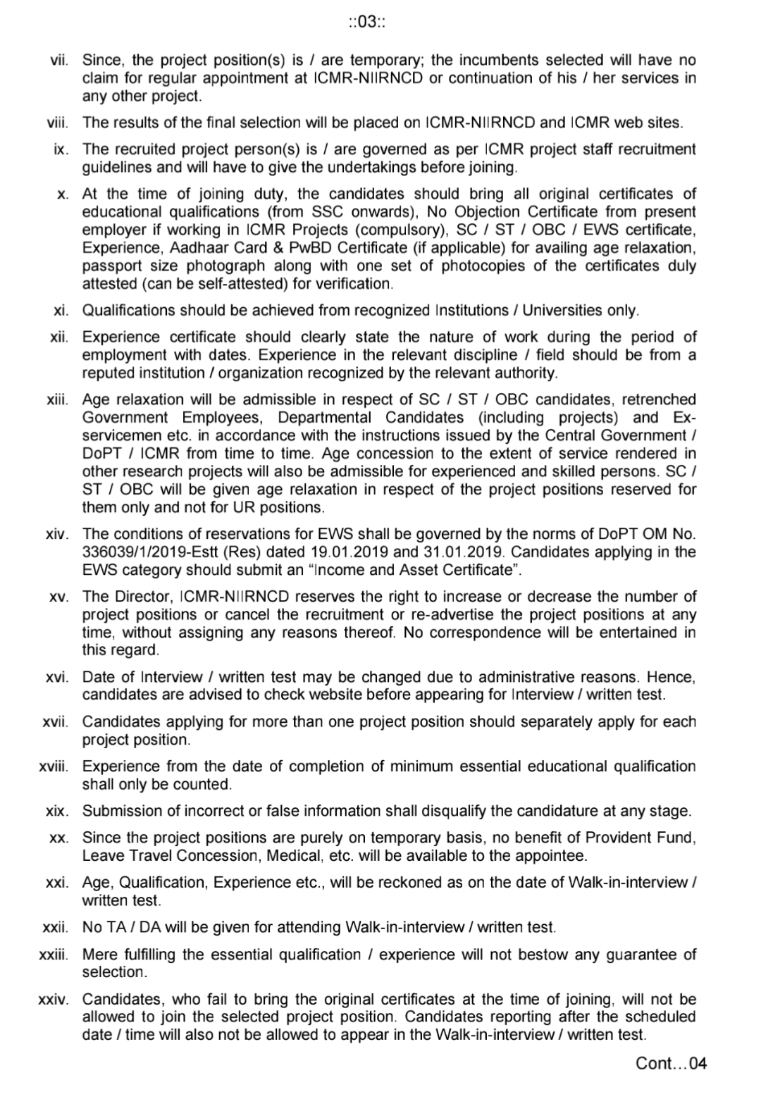 ICMR-NIIRNCD WALK-IN-INTERVIEW ADVERTISEMENT NOTICE 2024