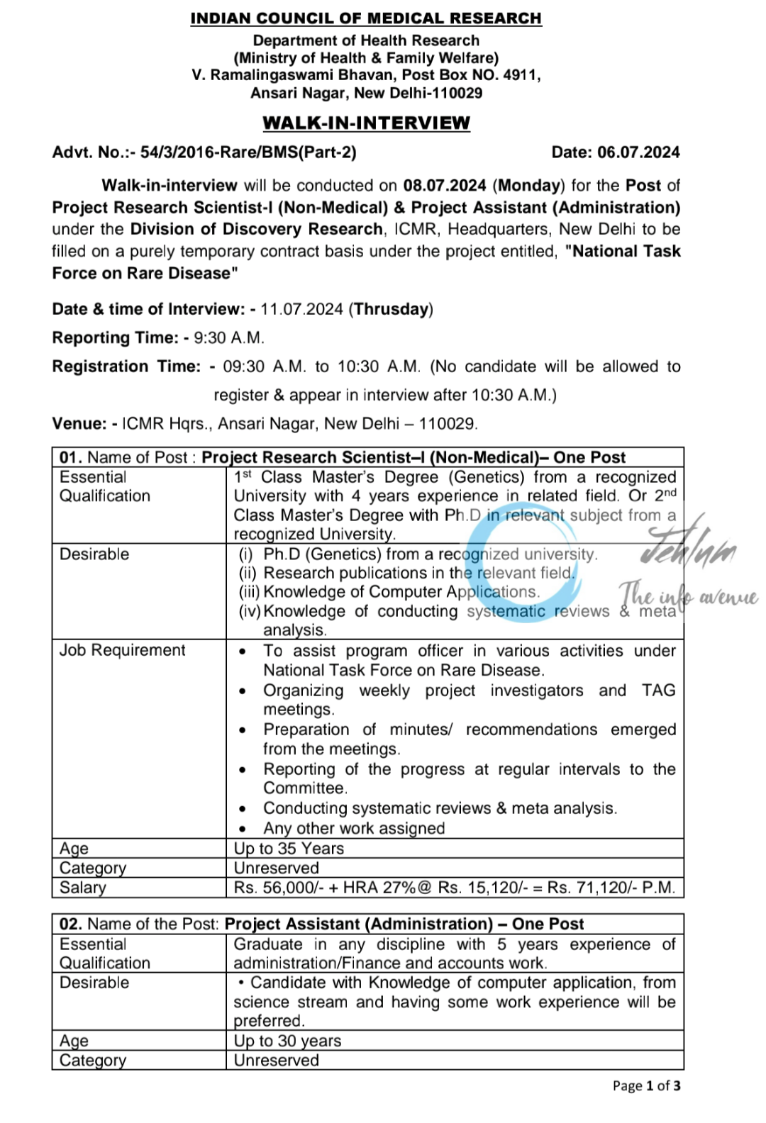 ICMR Deptt of Health Research Walk-in-Interview Notification 2024