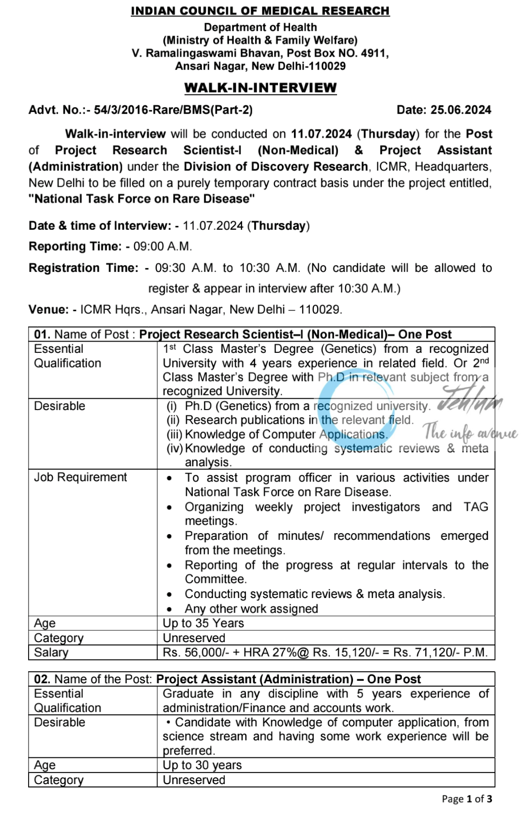 ICMR Deptt of Health Project Research Scientist Walk-in-interview 2024