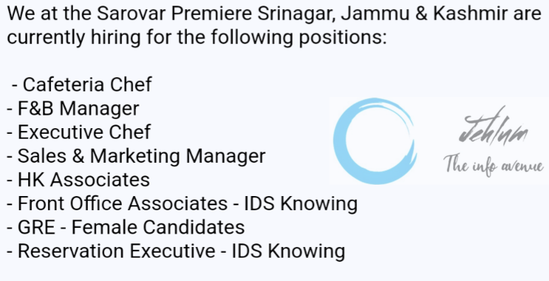 Sarovar Premiere Srinagar Jobs Vacancy 2024
