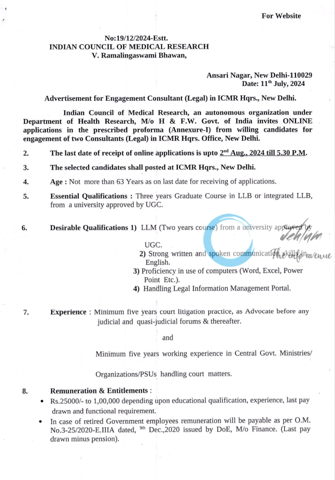 INDIAN COUNCIL OF MEDICAL RESEARCH ICMR LEGAL CONSULTANT ADVERTISEMENT NOTICE 2024