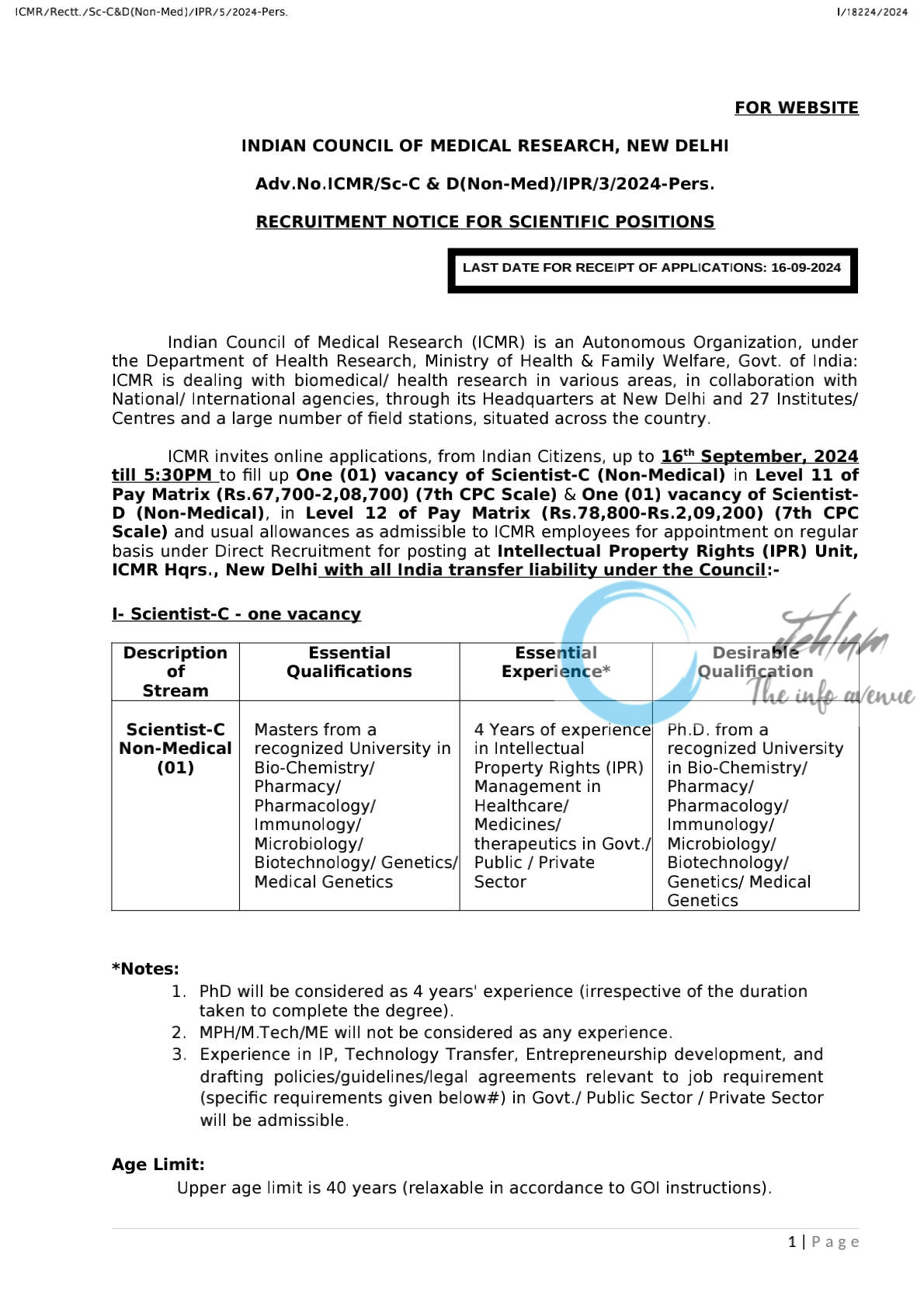 ICMR RECRUITMENT NOTICE FOR SCIENTIFIC POSITIONS Advt No ICMR/Sc-C&D-Non-Med/IPR/3/2024-Pers