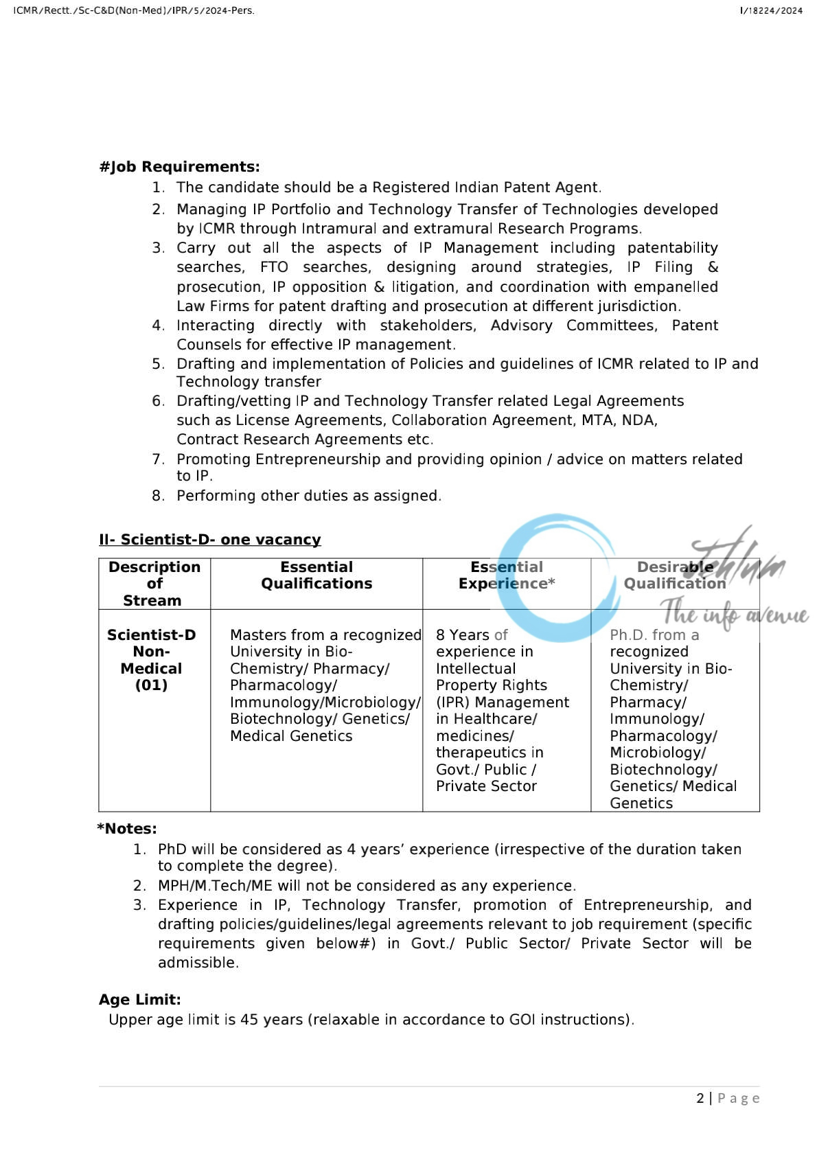 ICMR RECRUITMENT NOTICE FOR SCIENTIFIC POSITIONS Advt No ICMR/Sc-C&D-Non-Med/IPR/3/2024-Pers