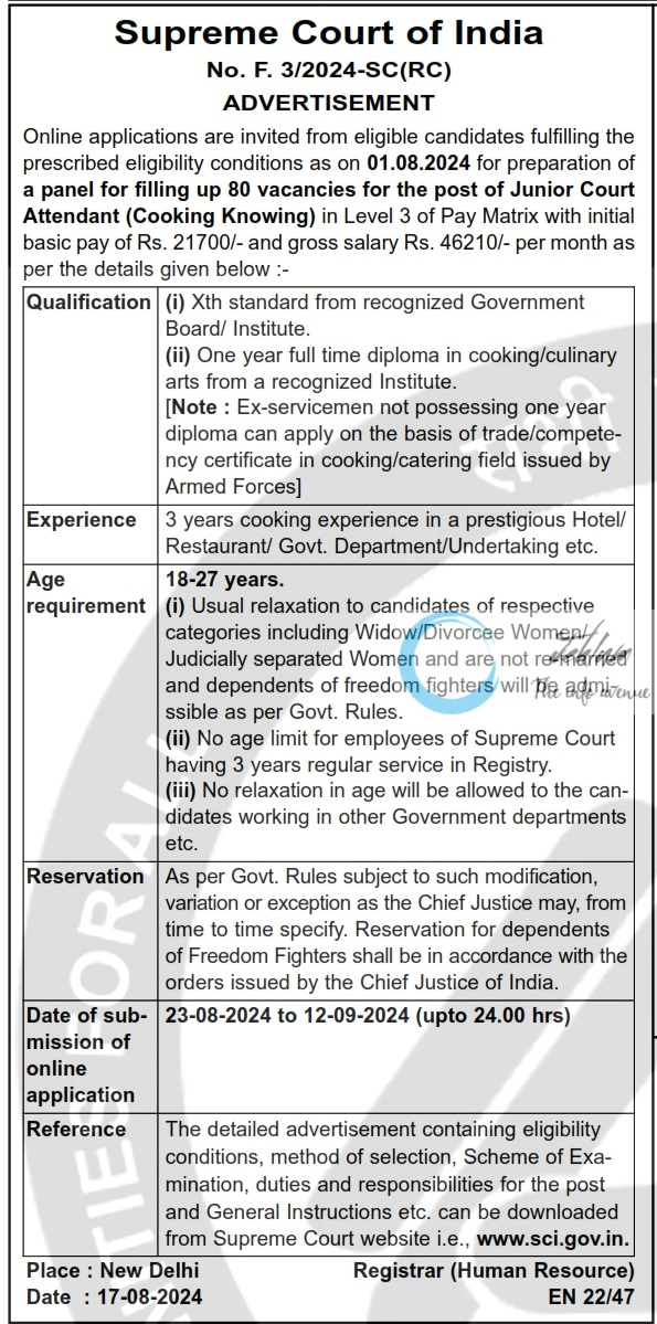 Supreme Court of India Advertisement Notice No F 3/2024-SC