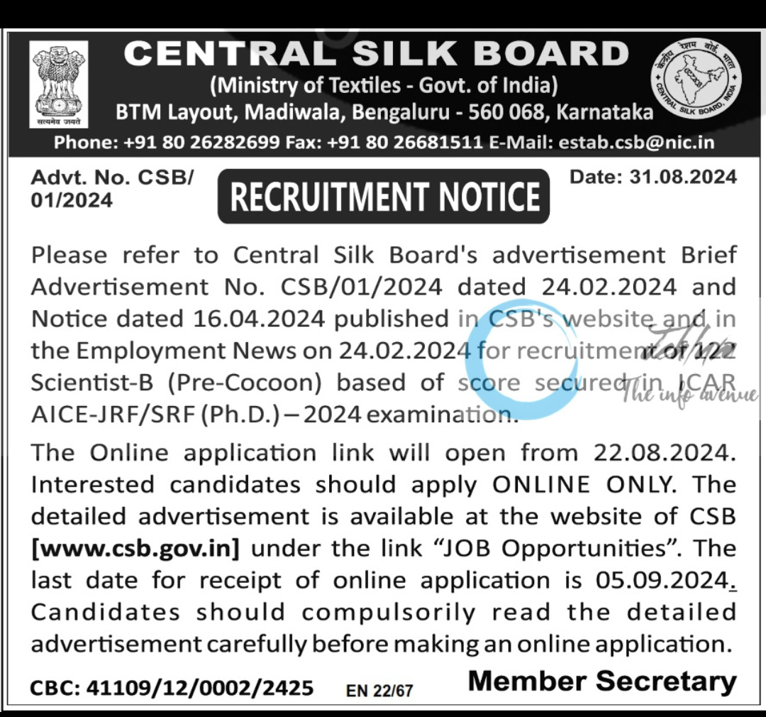 MINISTRY OF TEXTILES CENTRAL SILK BOARD RECRUITMENT NOTICE ADVT NO CSB/01/2024