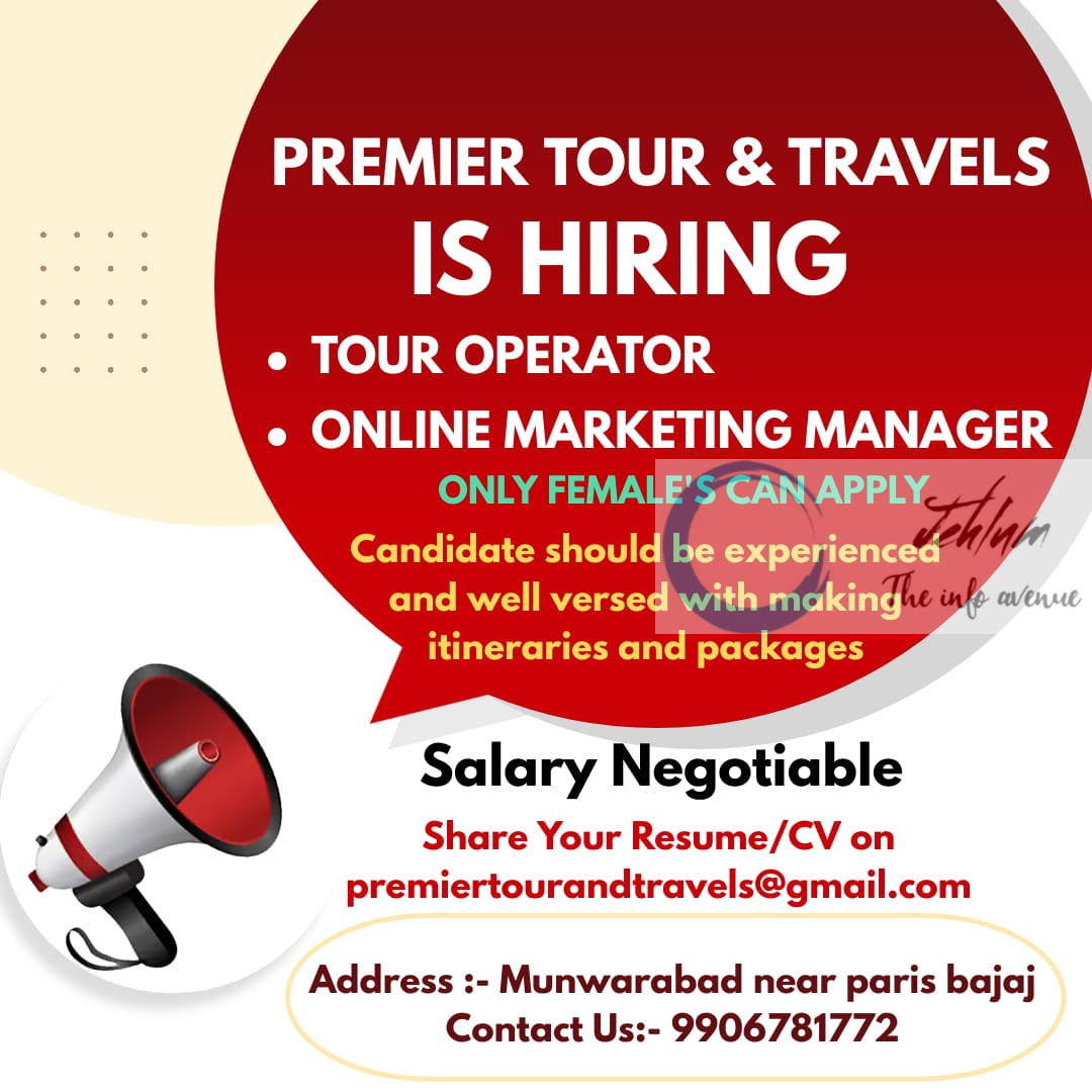 PREMIER TOUR & TRAVELS SRINAGAR JOBS 2024