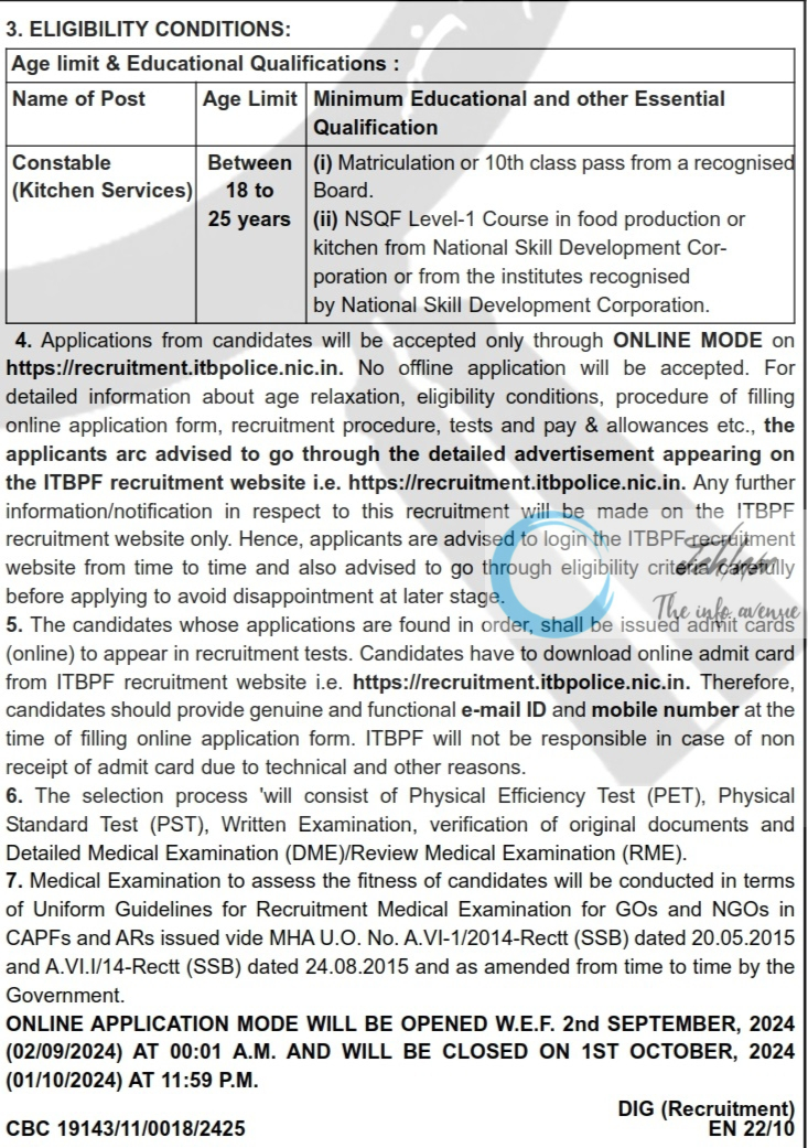 ITBPF Constable Kitchen Services Recruitment Advertisement Notice 2024