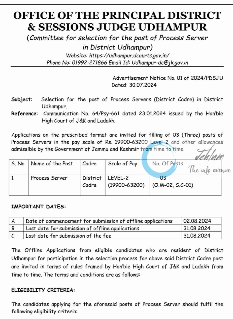 PRINCIPAL DISTRICT & SESSIONS JUDGE UDHAMPUR ADVERTISEMENT NOTICE NO 01 OF 2024