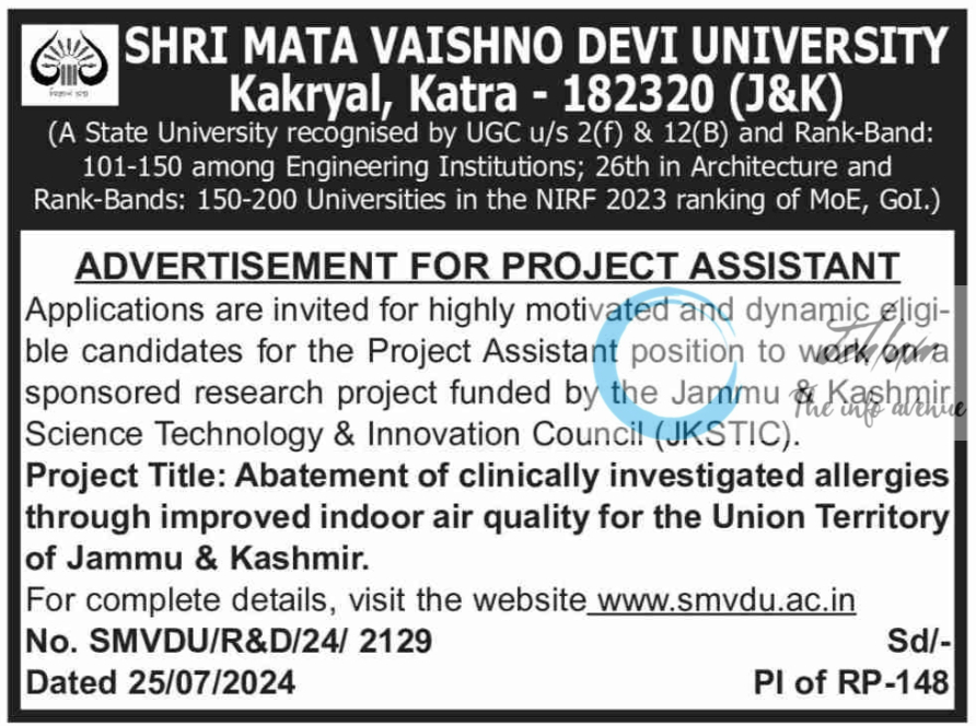 SMVDU KATRA PROJECT ASSISTANT ADVERTISEMENT 2024