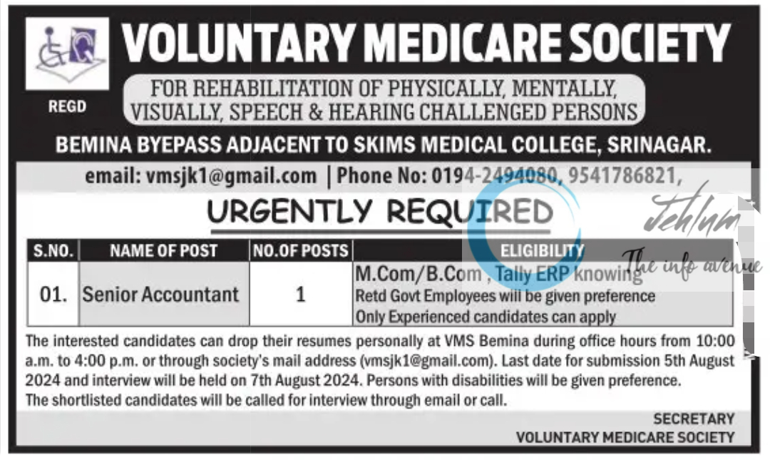 VOLUNTARY MEDICARE SOCIETY VMS SRINAGAR SENIOR ACCOUNTANT JOB VACANCY 2024