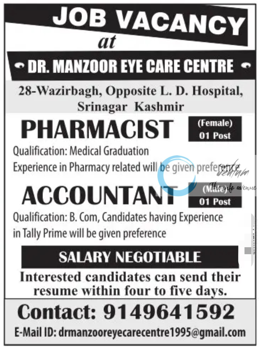 DR MANZOOR EYE CARE CENTRE SRINAGAR JOB VACANCY 2024