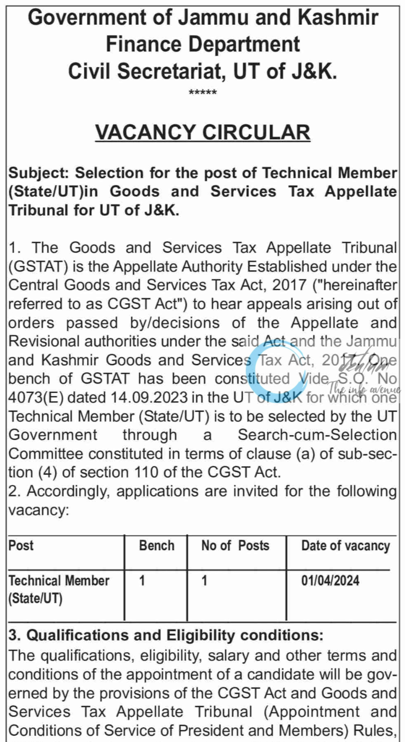 Jammu and Kashmir Finance Department Technical Member Vacancy Circular 2024