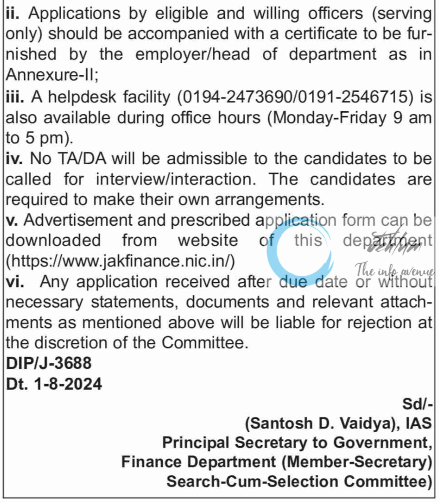 Jammu and Kashmir Finance Department Technical Member Vacancy Circular 2024