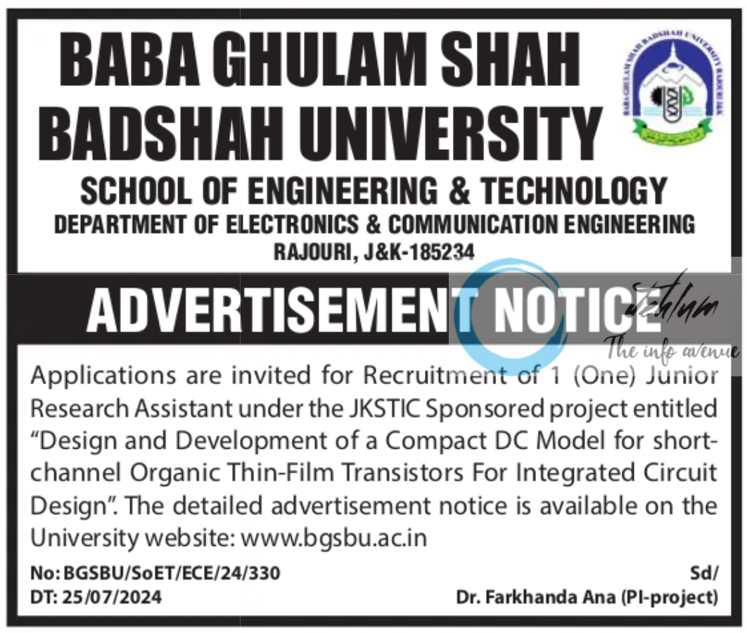 BGSBU RAJOURI SCHOOL OF ENGINEERING & TECHNOLOGY ADVERTISEMENT NOTICE 2024