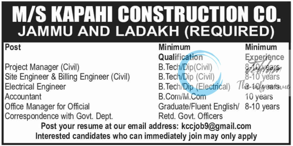 M/S KAPAHI CONSTRUCTION CO JAMMU JOBS 2024