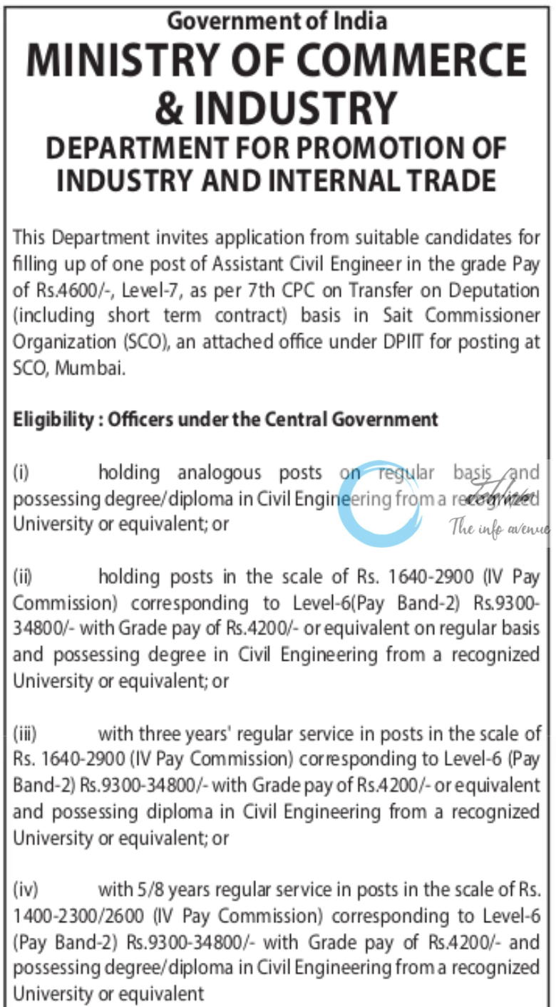 DEPARTMENT FOR PROMOTION OF INDUSTRY AND INTERNAL TRADE DPIIT JOBS ADVERTISEMENT NOTICE 2024