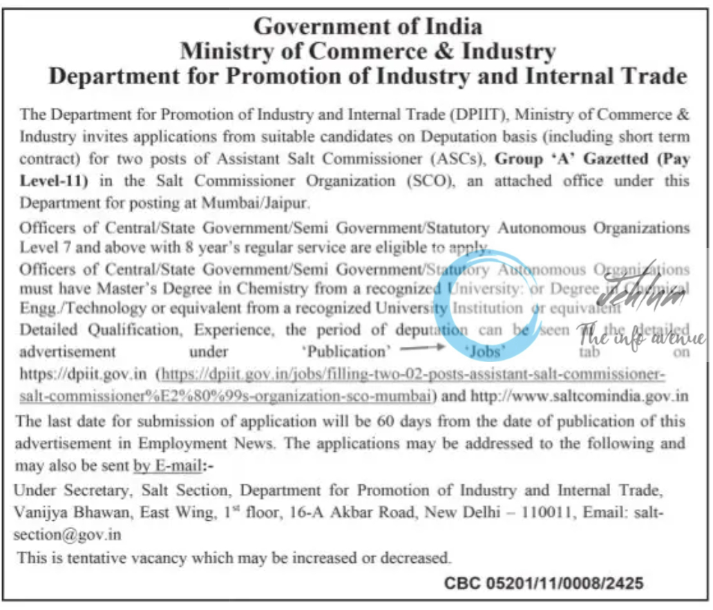 DEPARTMENT FOR PROMOTION OF INDUSTRY AND INTERNAL TRADE DPIIT JOBS ADVERTISEMENT NOTICE 2024