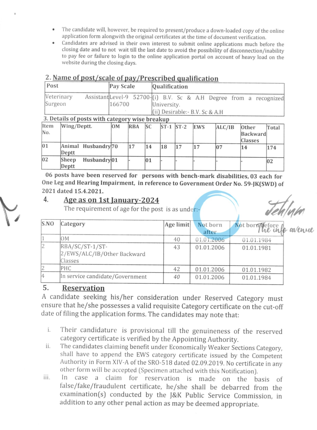 JKPSC Veterinary Assistant Surgeon Advertisement Notice No 05- PSC DR-P OF 2024