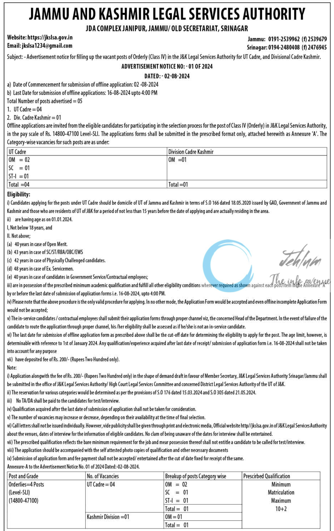 JAMMU AND KASHMIR LEGAL SERVICES AUTHORITY ADVERTISEMENT NOTICE NO 01 OF 2024