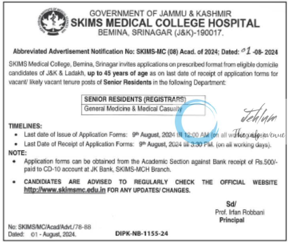 SKIMS MEDICAL COLLEGE HOSPITAL SRINAGAR ADVERTISEMENT NOTIFICATION NO SKIMS-MC 08 ACAD OF 2024