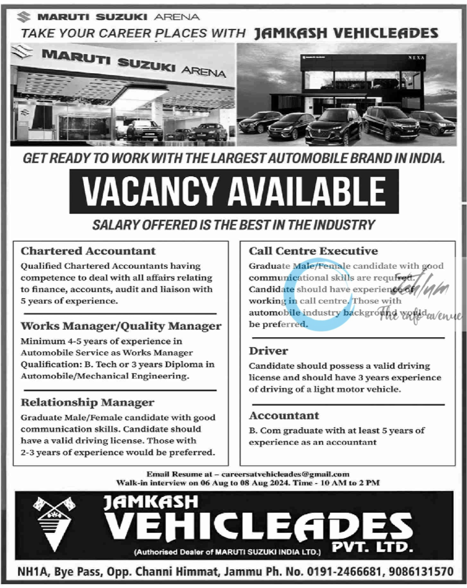 JAMKASH VEHICLEADES JAMMU JOBS OPENINGS 2024