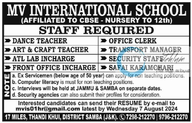 MV INTERNATIONAL SCHOOL JAMMU JOBS 2024