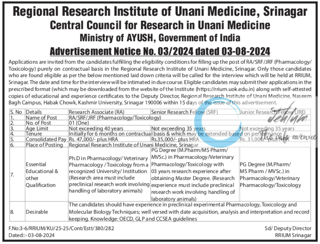 Regional Research Institute of Unani Medicine RRIUM Srinagar Advertisement Notice No 03/2024