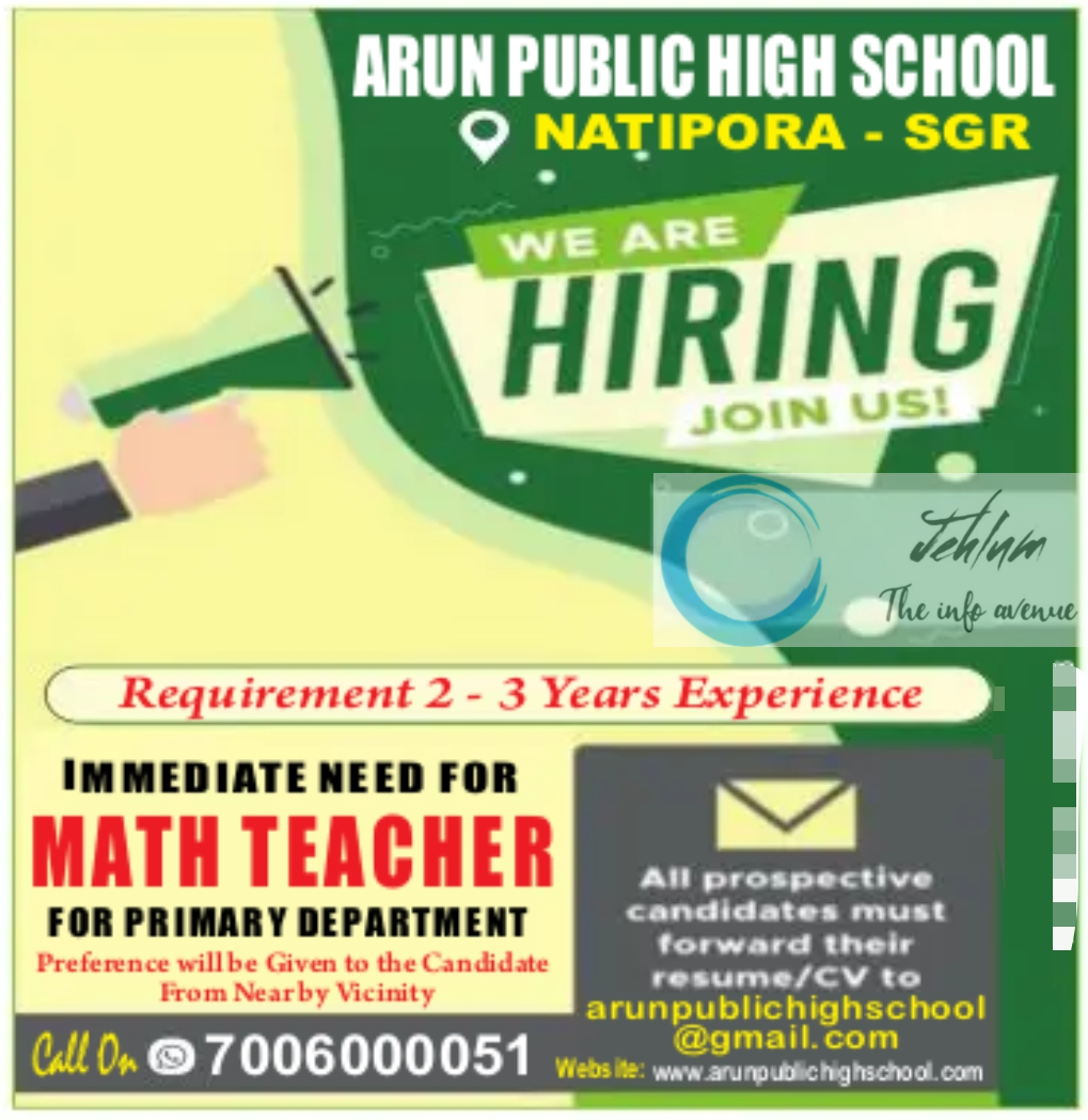 ARUN PUBLIC HIGH SCHOOL SRINAGAR TEACHING JOBS 2024