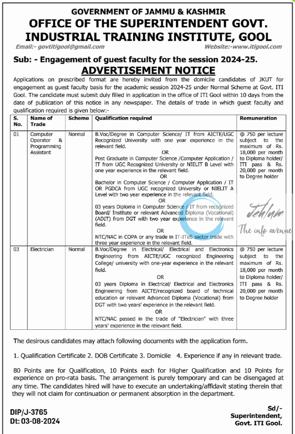 GOVT INDUSTRIAL TRAINING INSTITUTE ITI GOOL JOBS ADVERTISEMENT 2024