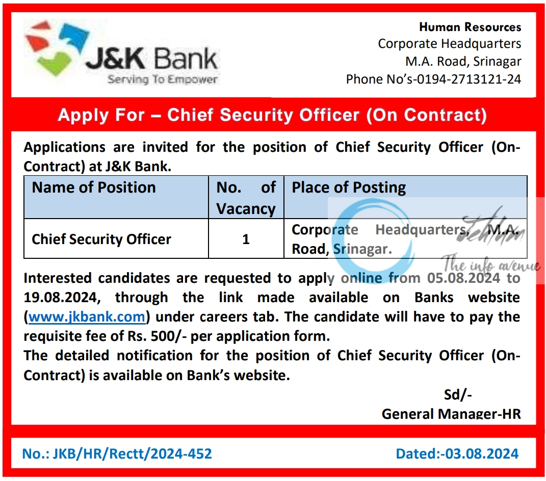 J&K Bank Chief Security Officer Recruitment Advertisement Notice 2024