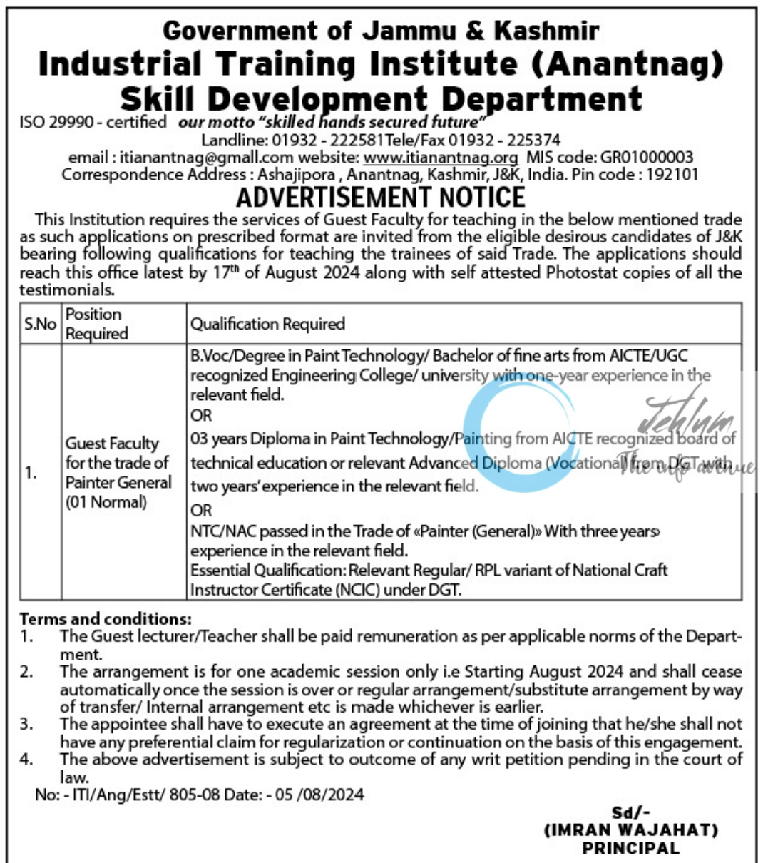 Industrial Training Institute ITI Anantnag Painter General Guest Faculty Advertisement 2024