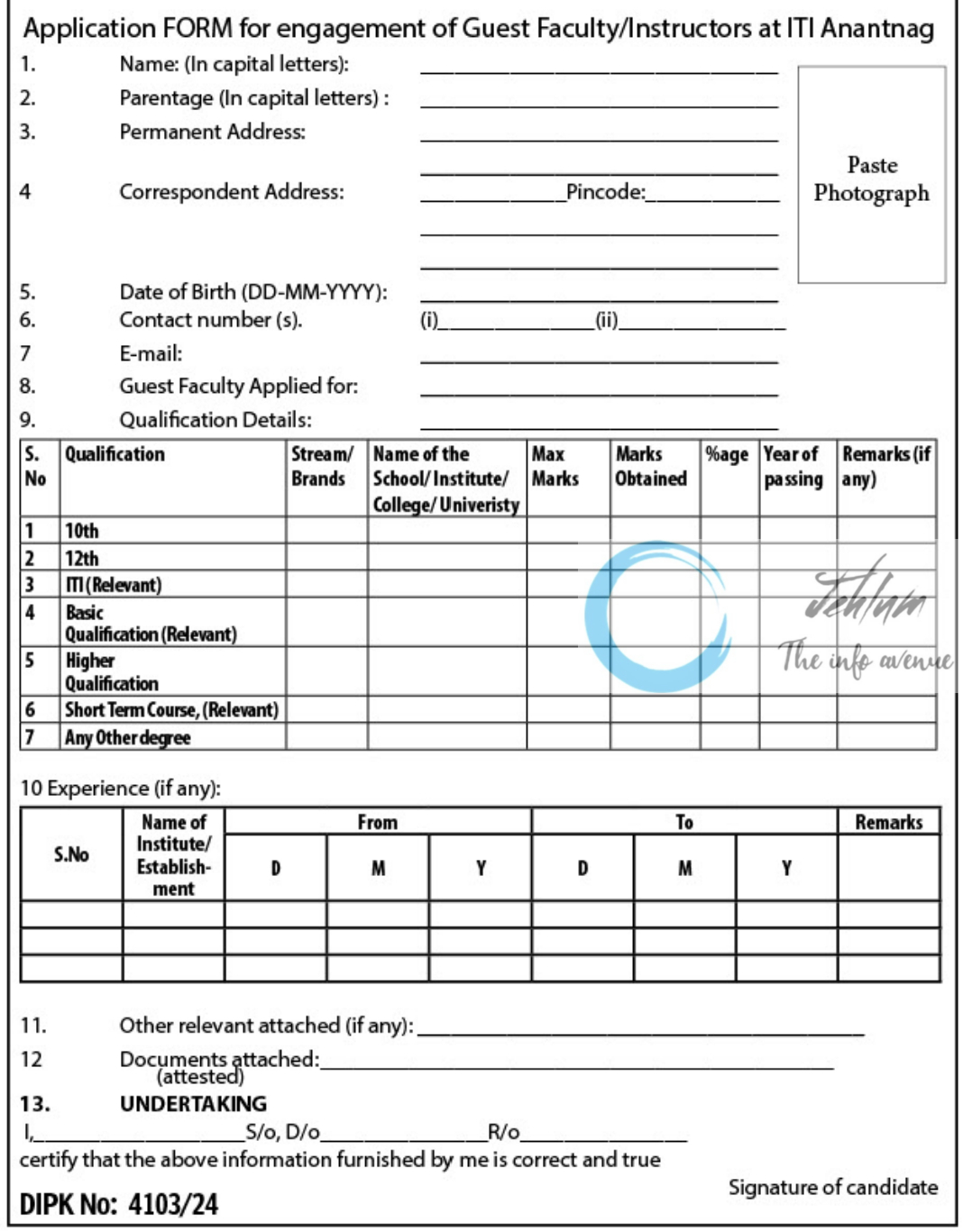 Industrial Training Institute ITI Anantnag Painter General Guest Faculty Advertisement 2024