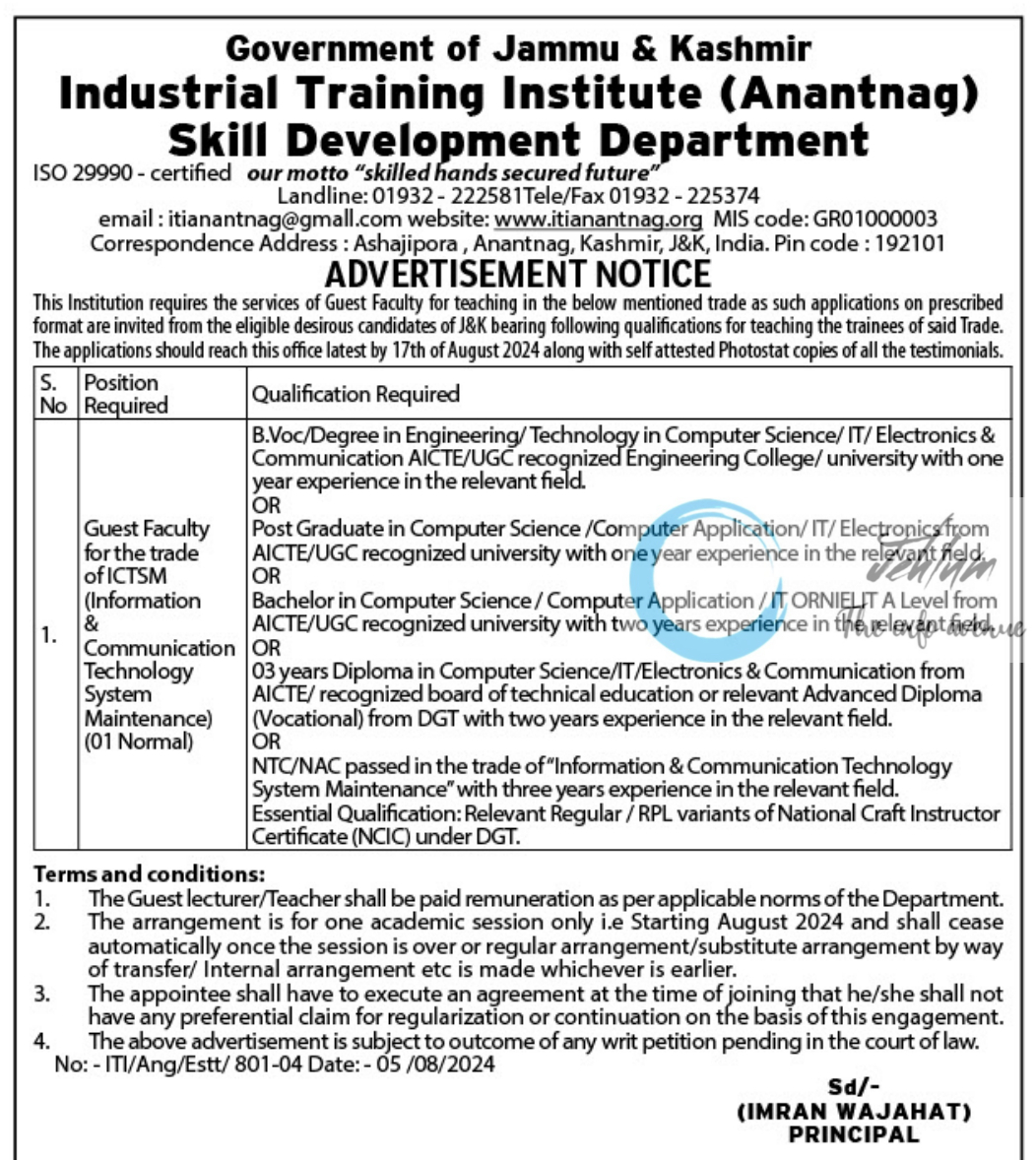 ITI Anantnag ICTSM Guest Faculty Advertisement Notice 2024