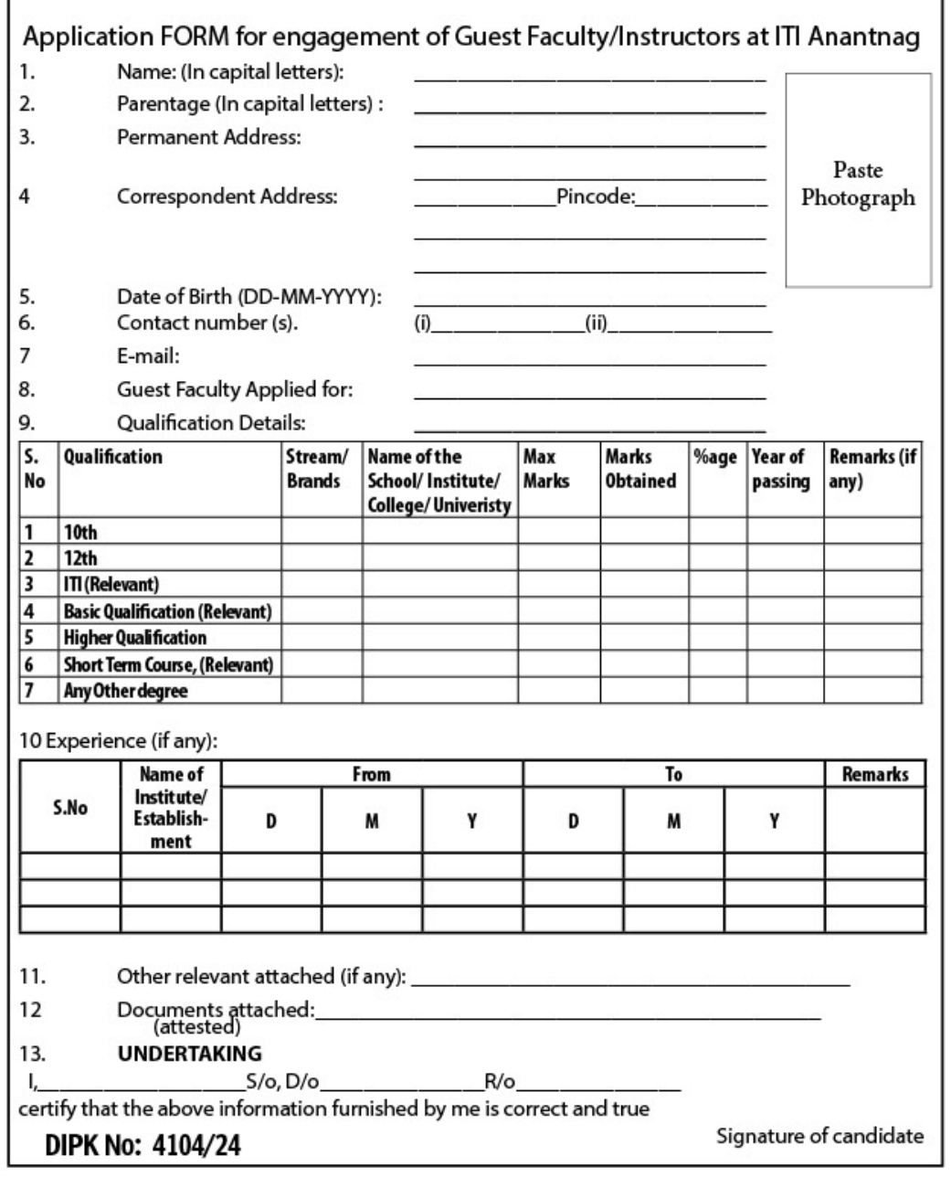 ITI Anantnag ICTSM Guest Faculty Advertisement Notice 2024