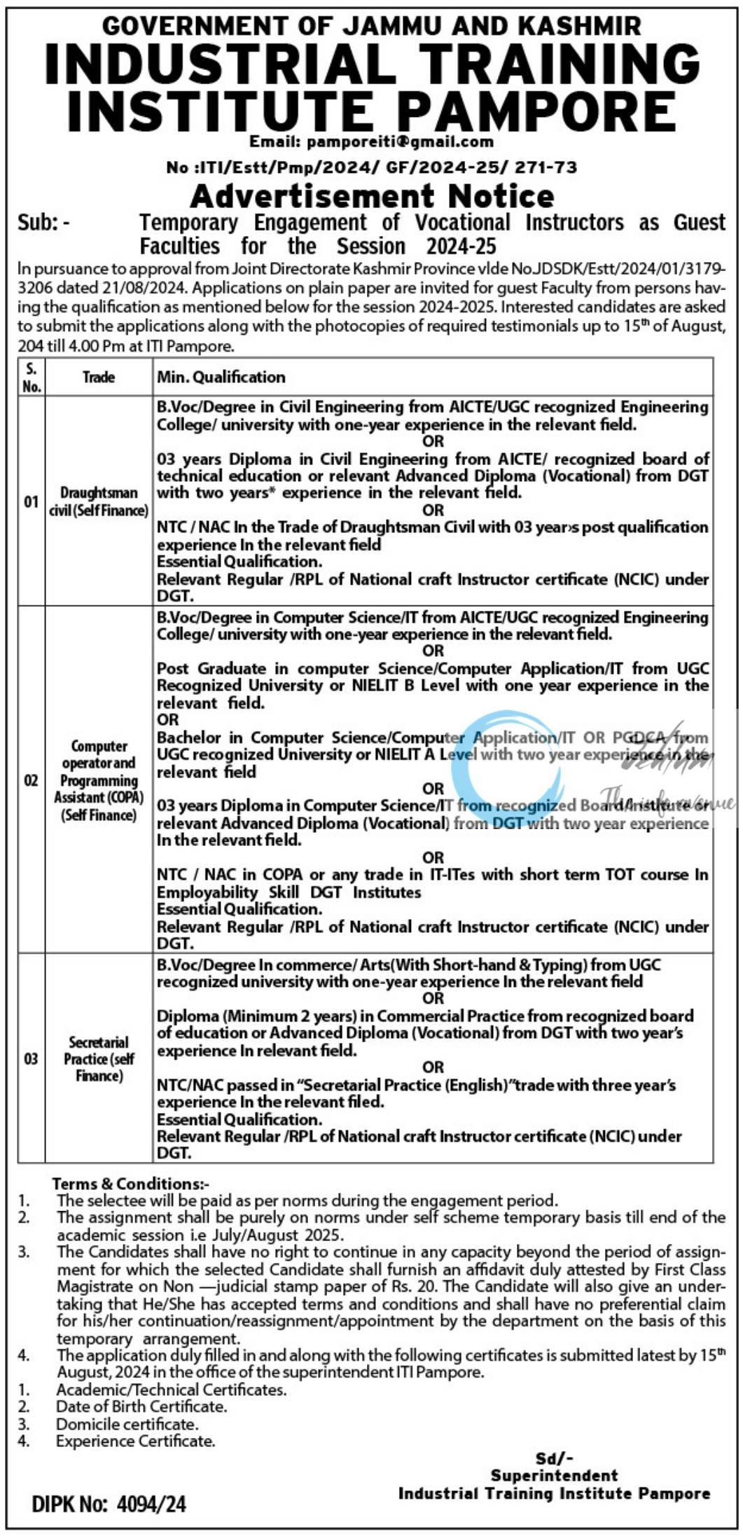 ITI PAMPORE GUEST FACULTIES ADVERTISEMENT NOTICE 2024