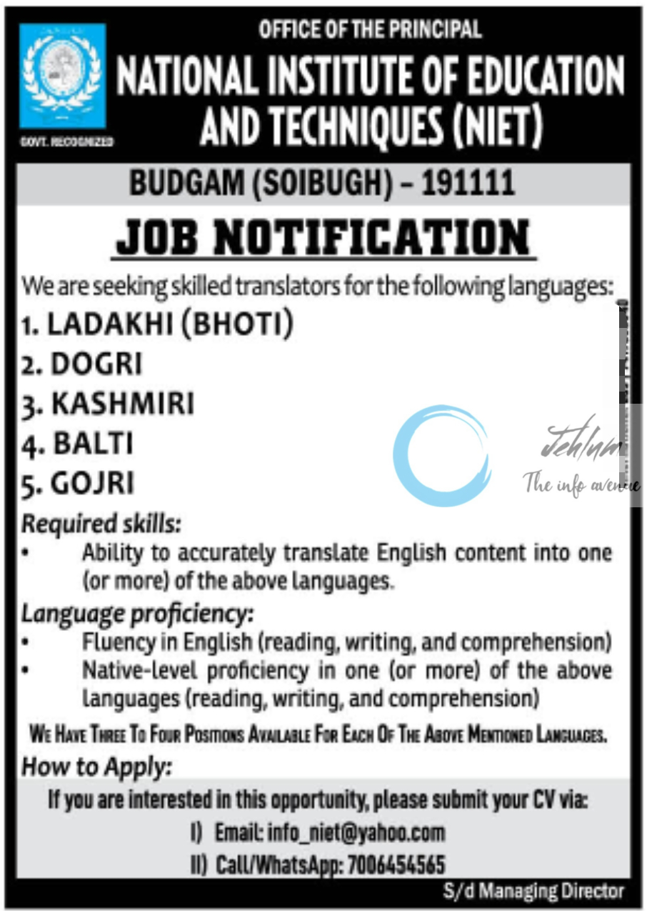 NIET BUDGAM SKILLED TRANSLATORS JOB NOTIFICATION 2024