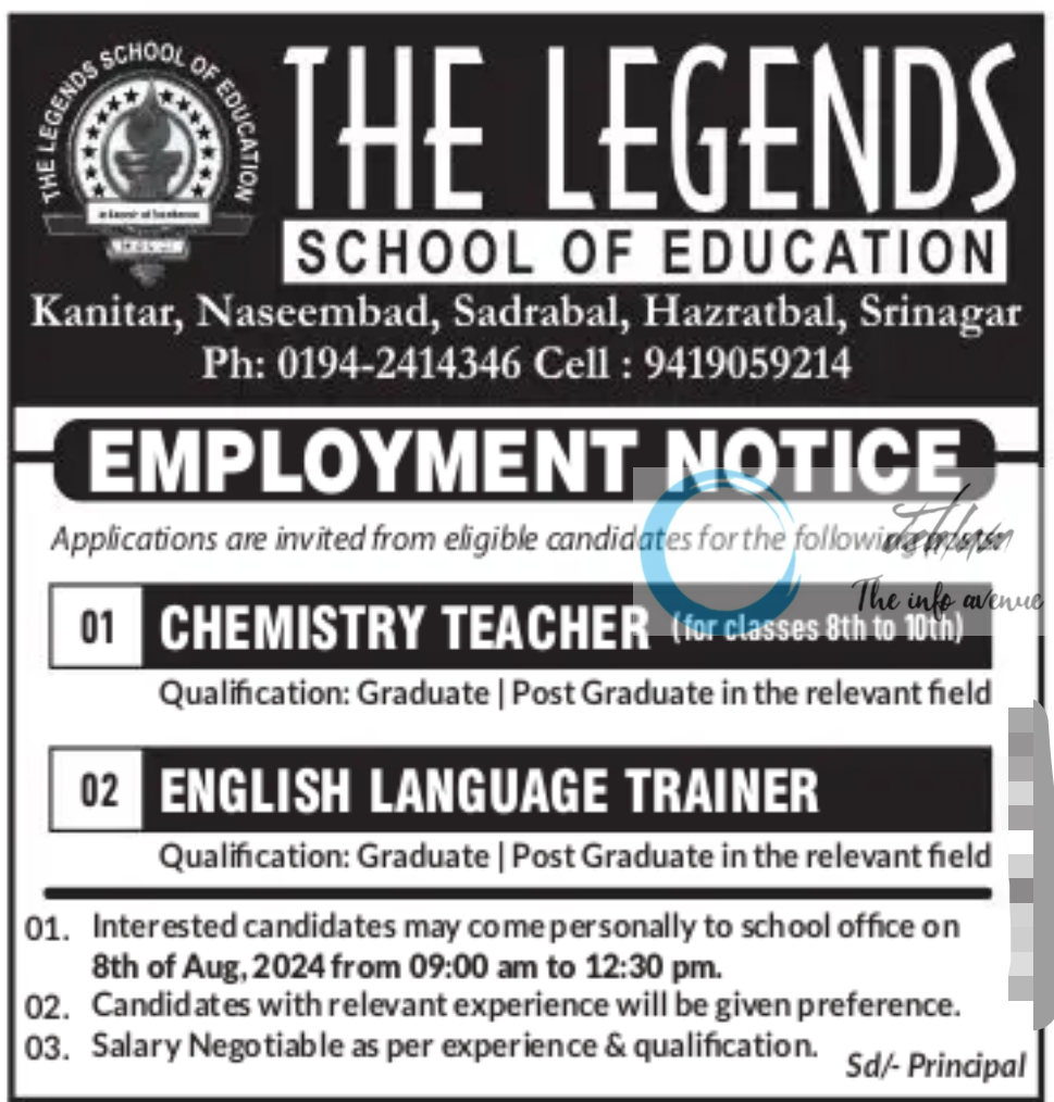 THE LEGENDS SCHOOL OF EDUCATION SRINAGAR TEACHING JOBS 2024