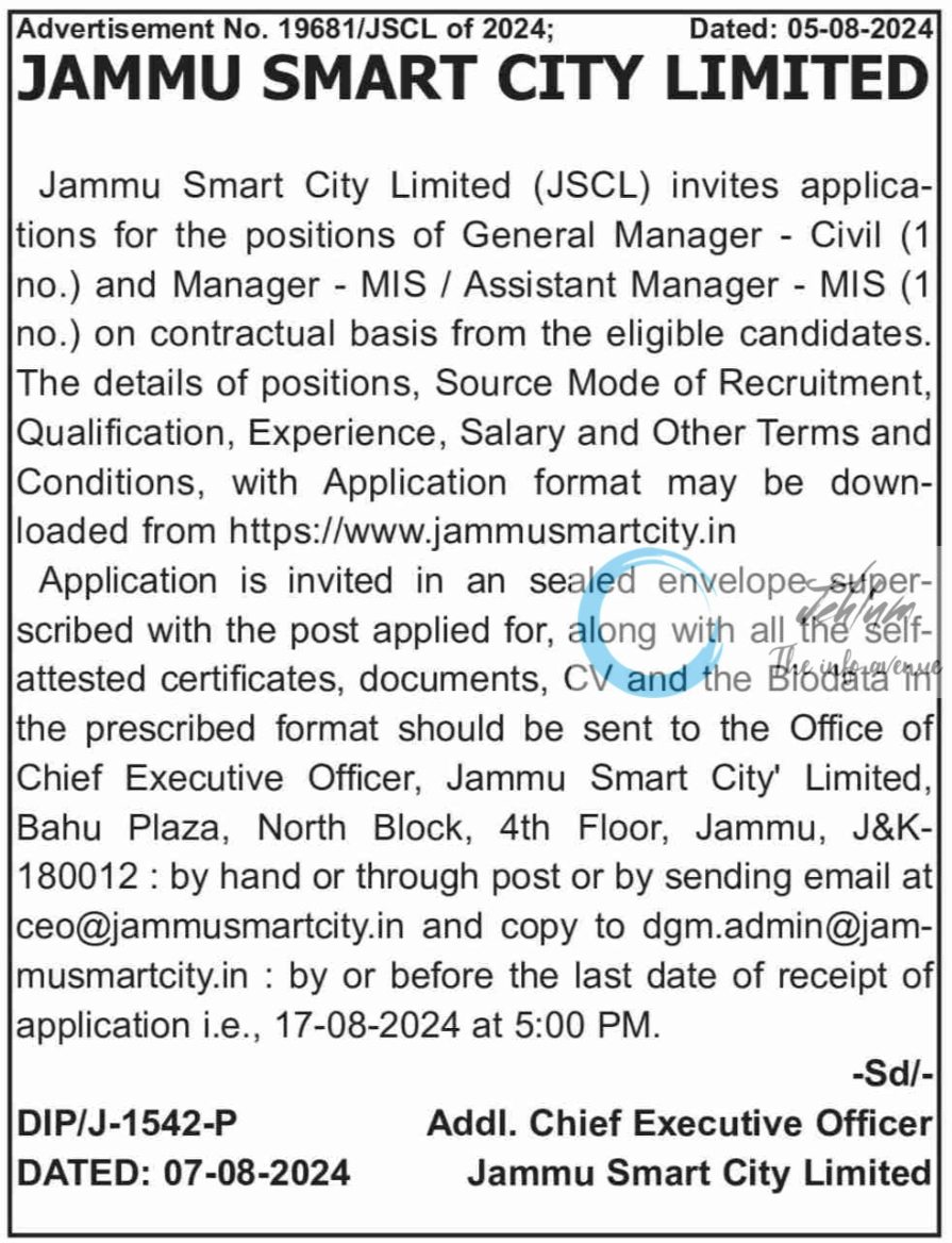 JAMMU SMART CITY LIMITED JSCL ADVERTISEMENT NO 19681/JSCL OF 2024