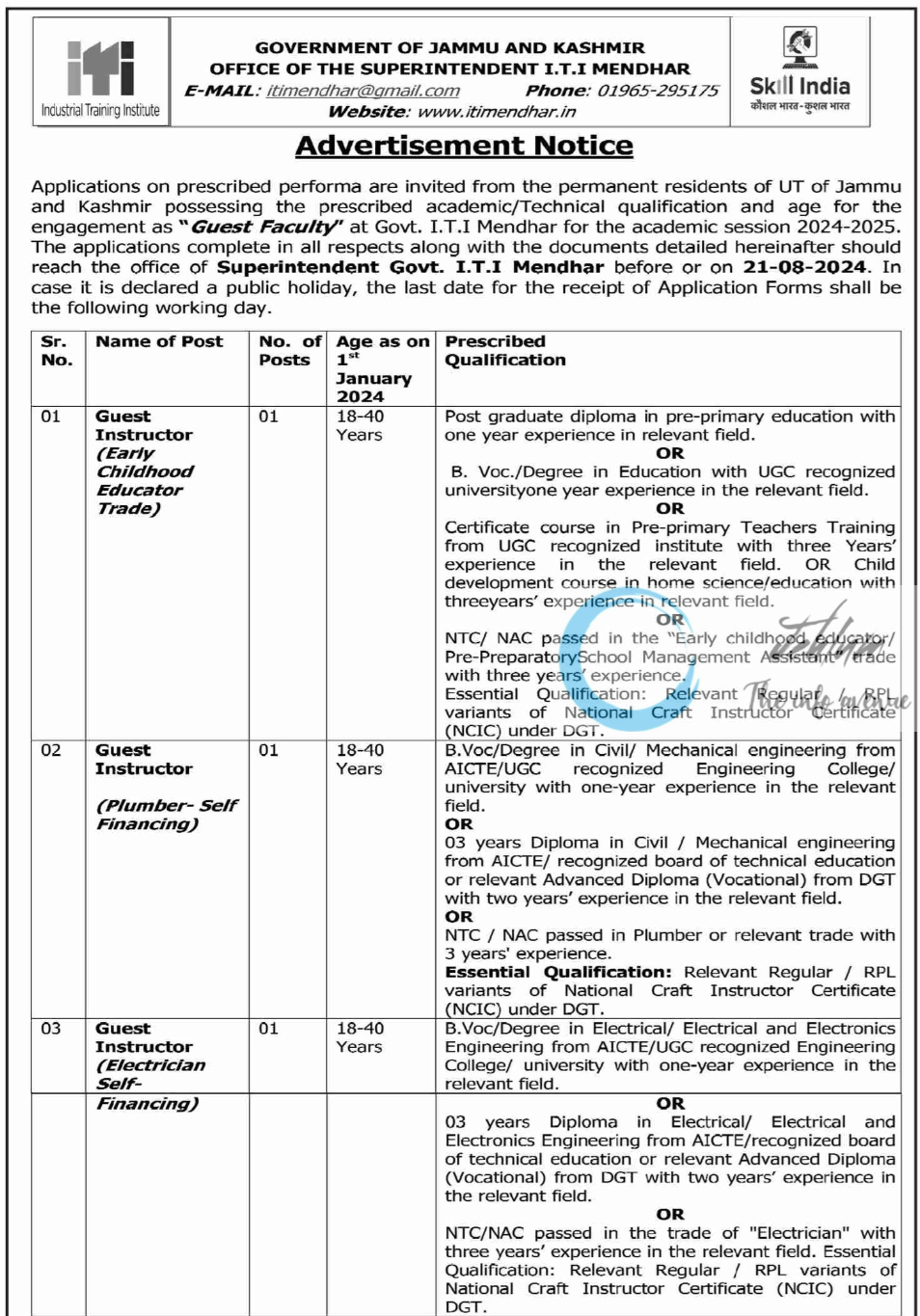 GOVT ITI MENDHAR GUEST FACULTY ADVERTISEMENT NOTICE 2024